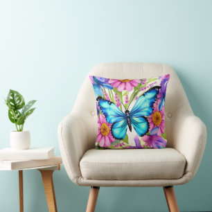 Blue Butterfly In a Field of Flowers Throw Pillow