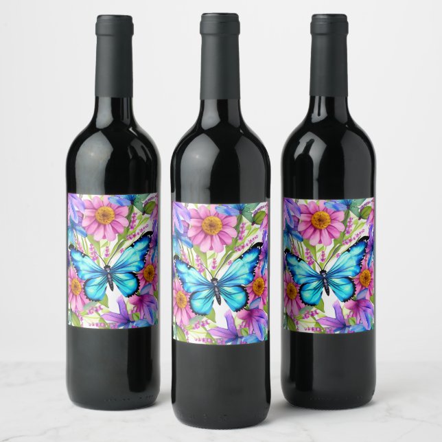 Blue Butterfly In a Field of Flowers Wine Label (Bottles)