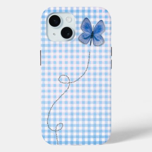 Blue Butterfly in Flight On Gingham iPhone 15 Case