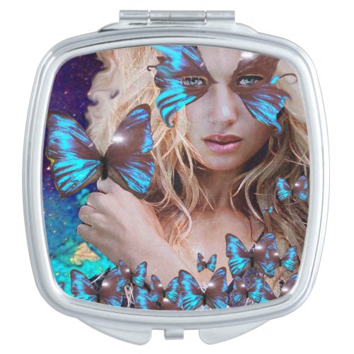 BLUE BUTTERFLY IN GOLD SPARKLES COMPACT MIRROR