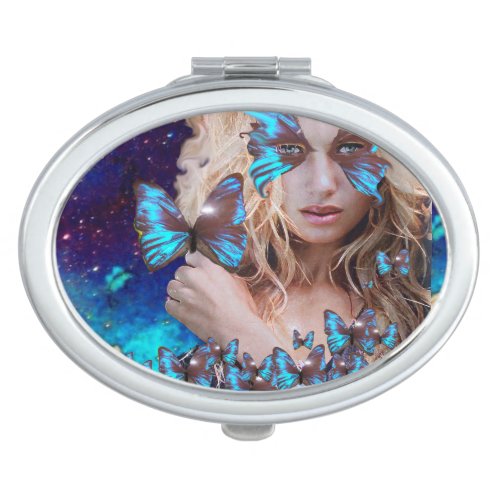 BLUE BUTTERFLY IN GOLD SPARKLES MIRROR FOR MAKEUP