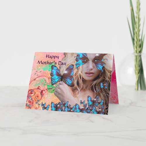 BLUE BUTTERFLY IN PINK GREEN GOLD SPARKLES CARD