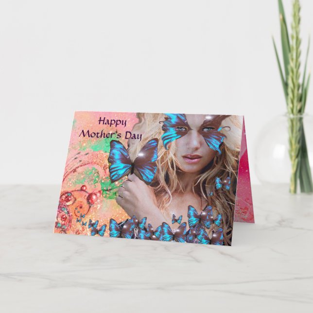 BLUE BUTTERFLY IN PINK GREEN GOLD SPARKLES CARD (Front)