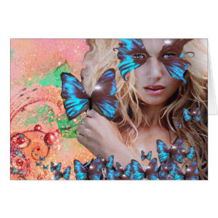 BLUE BUTTERFLY IN PINK GREEN GOLD SPARKLES CARDS