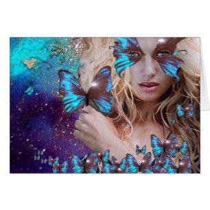 BLUE BUTTERFLY IN TEAL GREEN GOLD SPARKLES CARDS