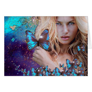 BLUE BUTTERFLY IN TEAL GREEN GOLD SPARKLES CARDS