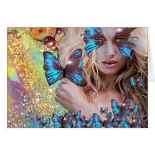 BLUE BUTTERFLY IN TEAL GREEN GOLD SPARKLES CARDS