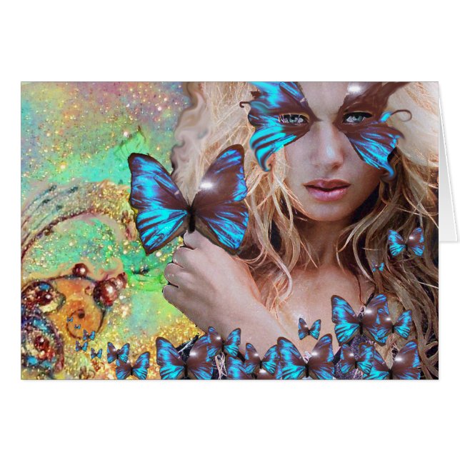 BLUE BUTTERFLY IN TEAL GREEN GOLD SPARKLES CARDS (Front Horizontal)