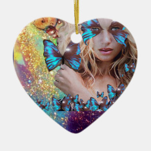 BLUE BUTTERFLY IN TEAL GREEN GOLD SPARKLES HEART CERAMIC ORNAMENT