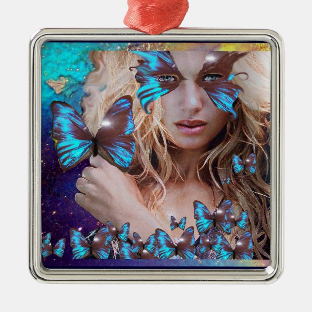BLUE BUTTERFLY IN TEAL GREEN GOLD SPARKLES METAL ORNAMENT (Front)