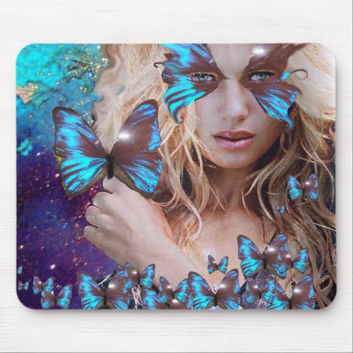 BLUE BUTTERFLY IN TEAL GREEN GOLD SPARKLES MOUSE PAD