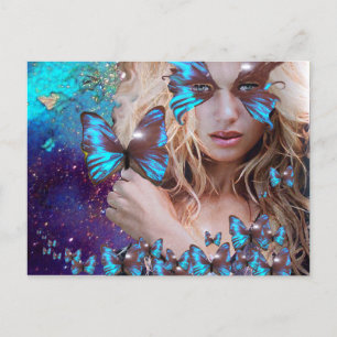 BLUE BUTTERFLY IN TEAL GREEN GOLD SPARKLES POSTCARD