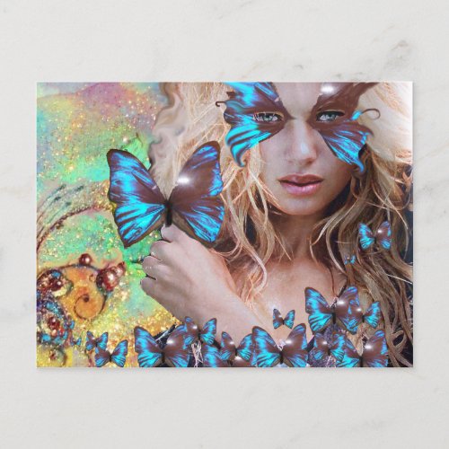 BLUE BUTTERFLY IN TEAL GREEN GOLD SPARKLES POSTCARD