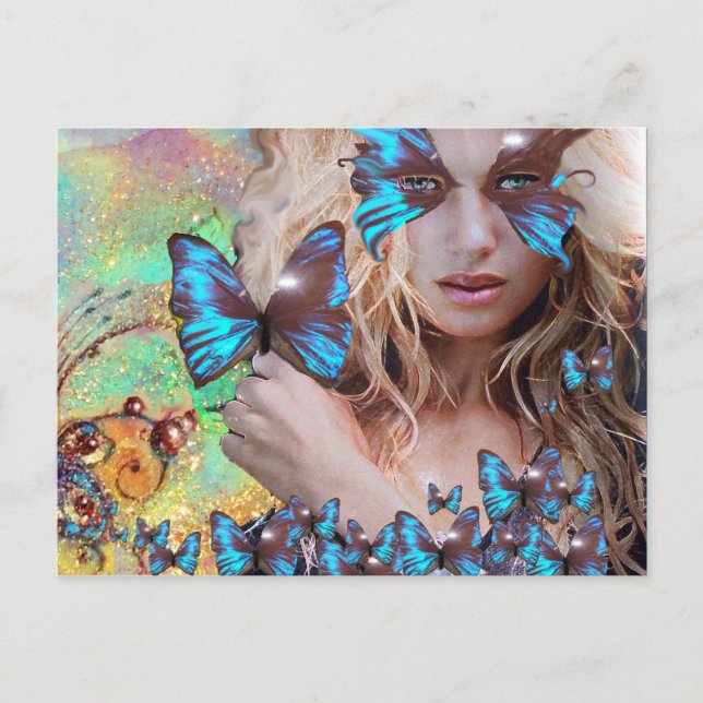BLUE BUTTERFLY IN TEAL GREEN GOLD SPARKLES POSTCARD (Front)