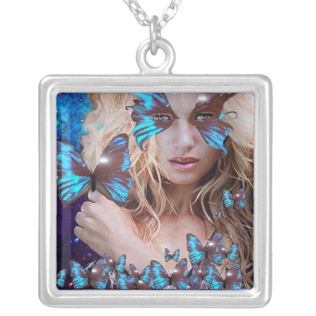 BLUE BUTTERFLY IN TEAL GREEN GOLD SPARKLES SILVER PLATED NECKLACE (Front)