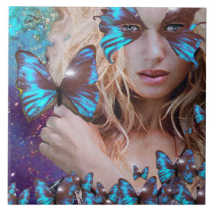 BLUE BUTTERFLY IN TEAL GREEN GOLD SPARKLES TILE