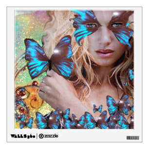 BLUE BUTTERFLY IN TEAL GREEN GOLD SPARKLES WALL STICKER