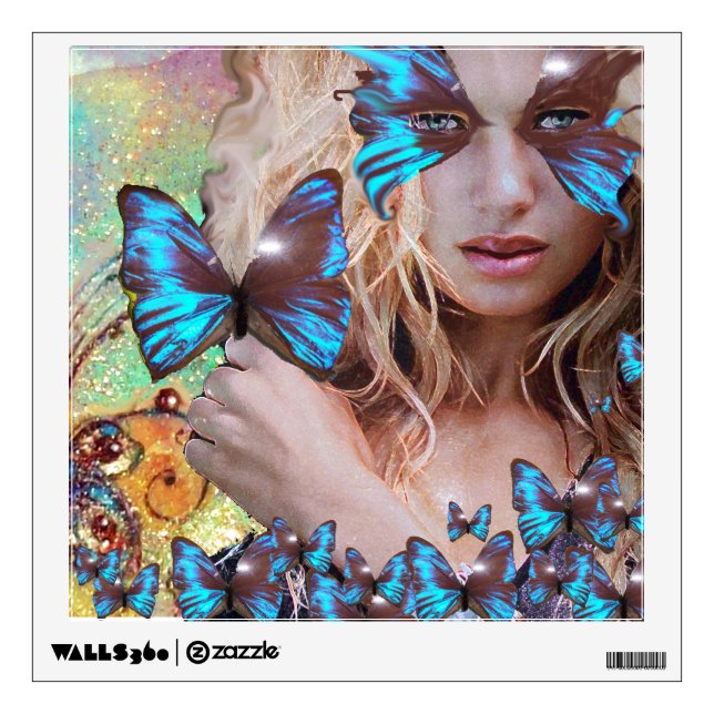 BLUE BUTTERFLY IN TEAL GREEN GOLD SPARKLES WALL STICKER (Front)
