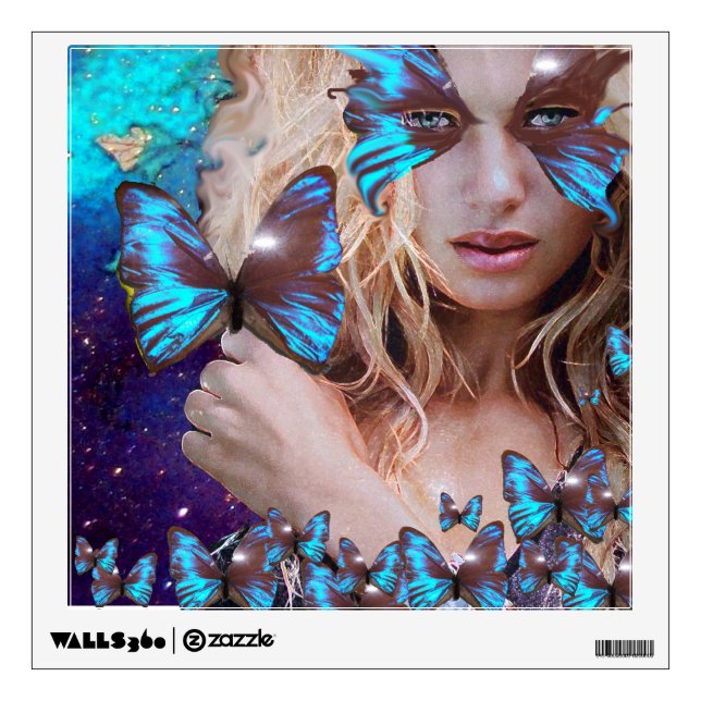 BLUE BUTTERFLY IN TEAL GREEN GOLD SPARKLES WALL STICKER (Front)