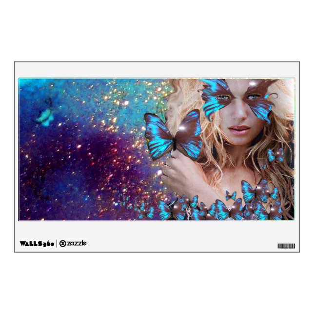 BLUE BUTTERFLY IN TEAL GREEN GOLD SPARKLES WALL STICKER (Front)