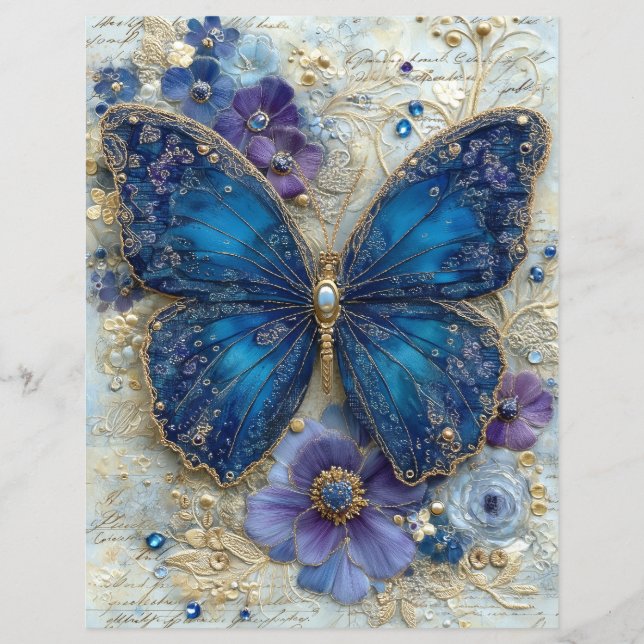 Blue Butterfly Junk Journal Scrapbook Paper (Front)
