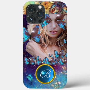 BLUE BUTTERFLY LADY,TEAL GOLD SPARKLE GEM MONOGRAM iPhone 13 PRO MAX CASE
