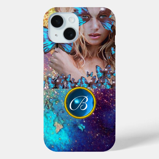 BLUE BUTTERFLY LADY,TEAL GOLD SPARKLE GEM MONOGRAM Case-Mate iPhone CASE (Back)