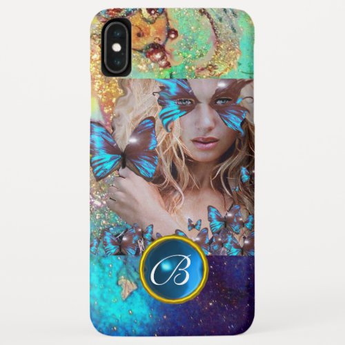 BLUE BUTTERFLY LADYTEAL GOLD SPARKLE GEM MONOGRAM iPhone XS MAX CASE