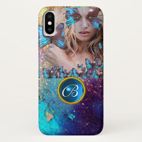 BLUE BUTTERFLY LADYTEAL GOLD SPARKLE GEM MONOGRAM iPhone X CASE