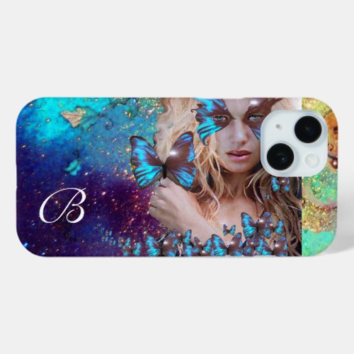 BLUE BUTTERFLY LADY TEAL GOLD SPARKLES MONOGRAM iPhone 15 CASE
