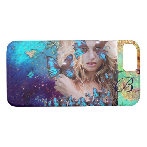 BLUE BUTTERFLY LADY TEAL GOLD SPARKLES MONOGRAM iPhone 87 CASE