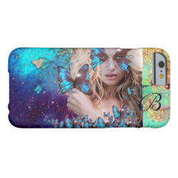 BLUE BUTTERFLY LADY ,TEAL GOLD SPARKLES MONOGRAM BARELY THERE iPhone 6 CASE