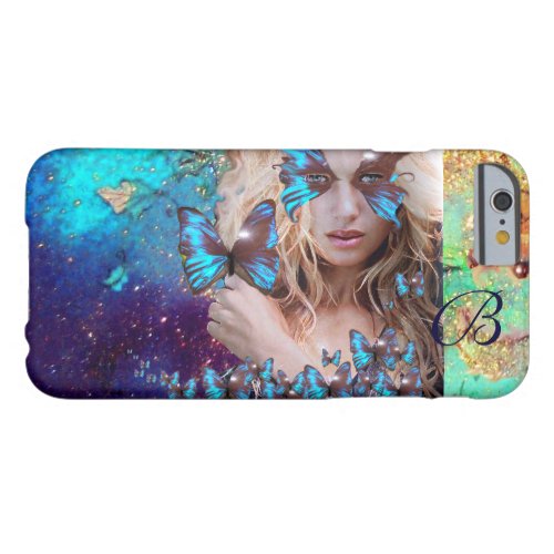 BLUE BUTTERFLY LADY TEAL GOLD SPARKLES MONOGRAM BARELY THERE iPhone 6 CASE