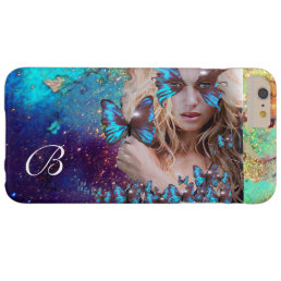 BLUE BUTTERFLY LADY ,TEAL GOLD SPARKLES MONOGRAM BARELY THERE iPhone 6 PLUS CASE