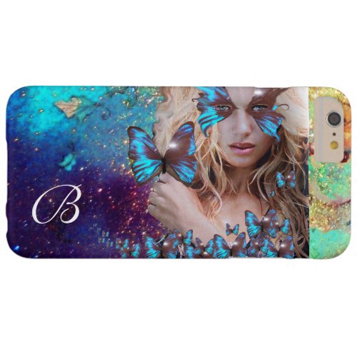 BLUE BUTTERFLY LADY TEAL GOLD SPARKLES MONOGRAM BARELY THERE iPhone 6 PLUS CASE