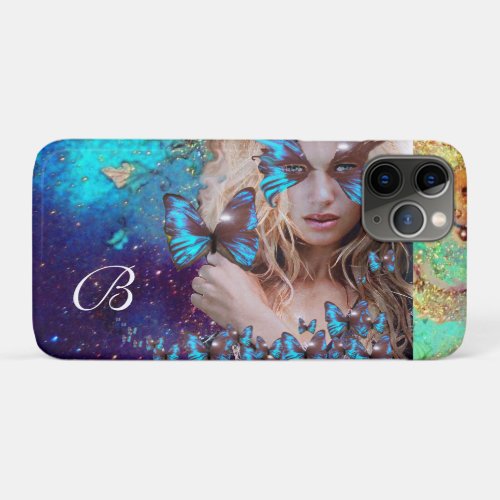 BLUE BUTTERFLY LADY TEAL GOLD SPARKLES MONOGRAM iPhone 11 PRO CASE