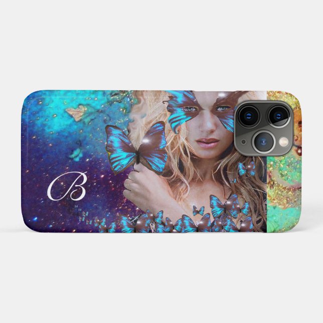 BLUE BUTTERFLY LADY ,TEAL GOLD SPARKLES MONOGRAM Case-Mate iPhone CASE (Back (Horizontal))