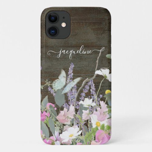 Blue Butterfly Lavender n Daisy Floral Rustic Wood iPhone 11 Case