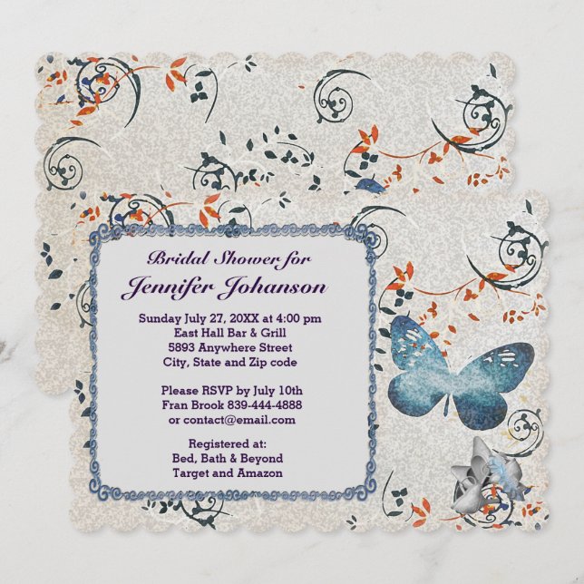 Blue Butterfly & Leaf Swirls Bridal Shower Invite (Front/Back)