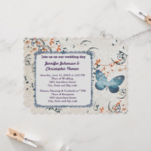Blue Butterfly & Leaf Swirls Wedding Invitation