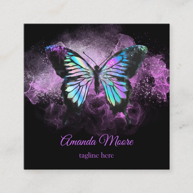 blue butterfly life coach therapist holograph opal square business card (Front)