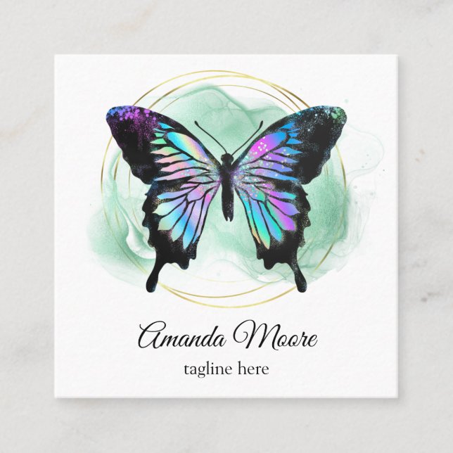 blue butterfly life coach therapist holograph squa square business card (Front)