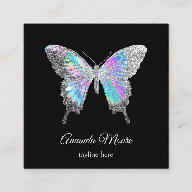 blue butterfly life coach therapist holograph square business card (Front)