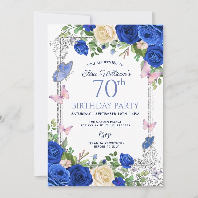 Blue Butterfly Lilac Garden Party 80th Birthday Invitation (Front)