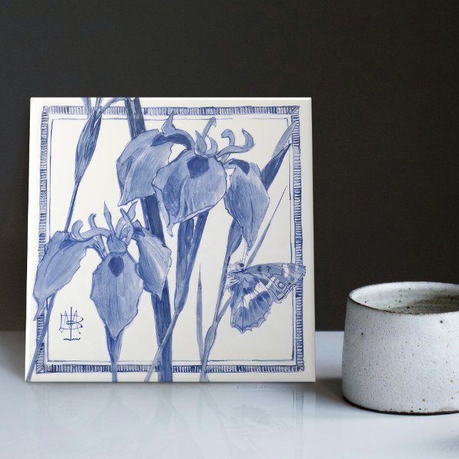 Blue Butterfly Lily Wall Decor Art Nouveau Lilies Ceramic Tile (Creator Uploaded)