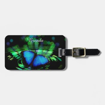 Blue Butterfly Luggage Tag With Leather Strap by Shopia at Zazzle