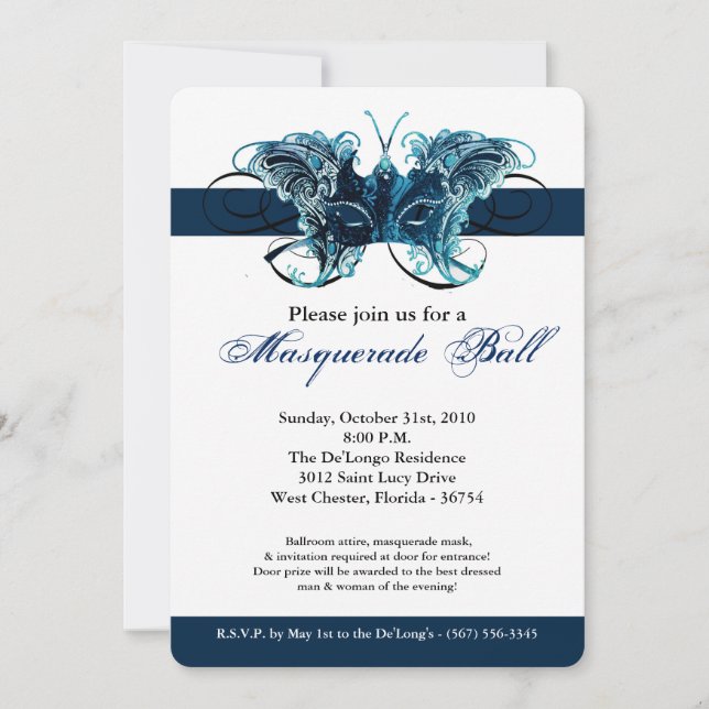 Blue Butterfly Masquerade Mask Costume Halloween Invitation (Front)
