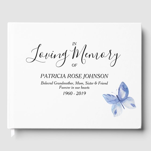 Blue Butterfly Memorial Funeral Remembrance Guest Book (Front)