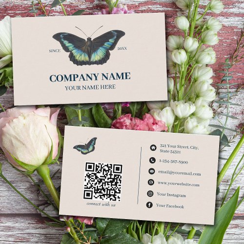 Blue Butterfly Minimalist Social Media QR Code   Business Card