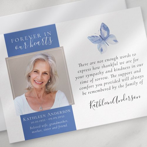 Blue Butterfly Modern Photo Funeral Thank You Card